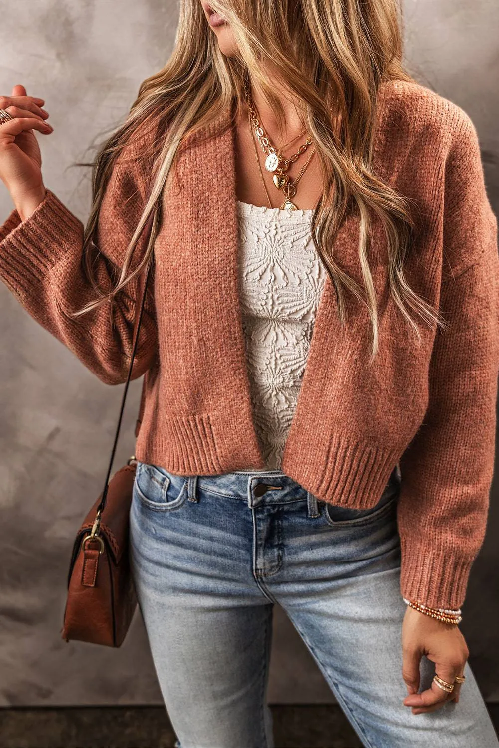 Light French Beige Drop Shoulder Open Front Cropped Cardigan sold by Beagle Boutique product image thumbnail 5