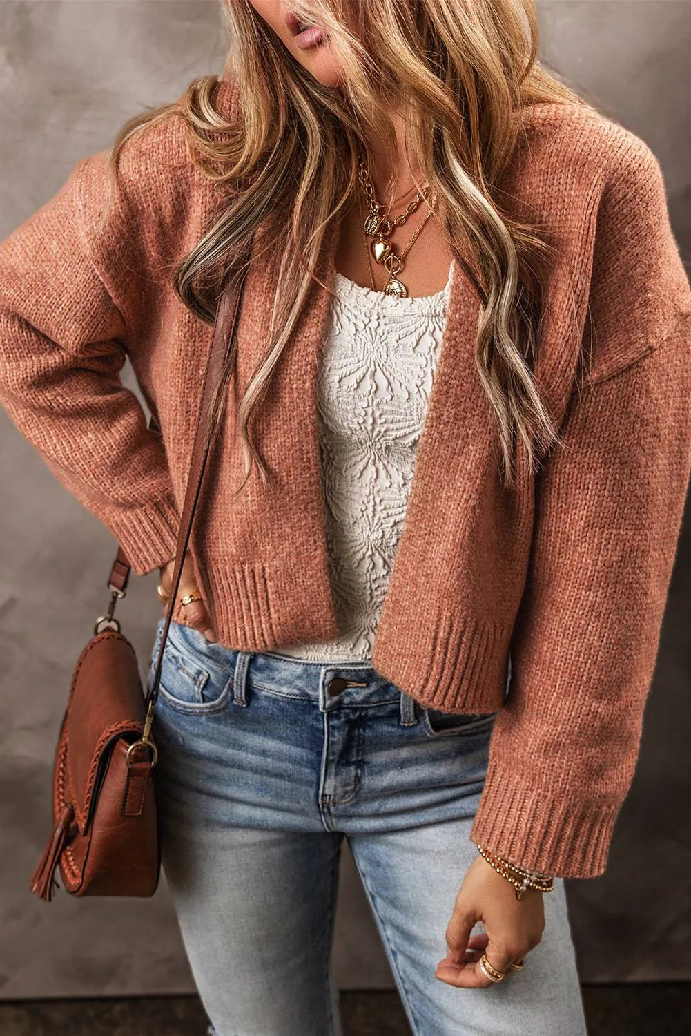 Light French Beige Drop Shoulder Open Front Cropped Cardigan sold by Beagle Boutique