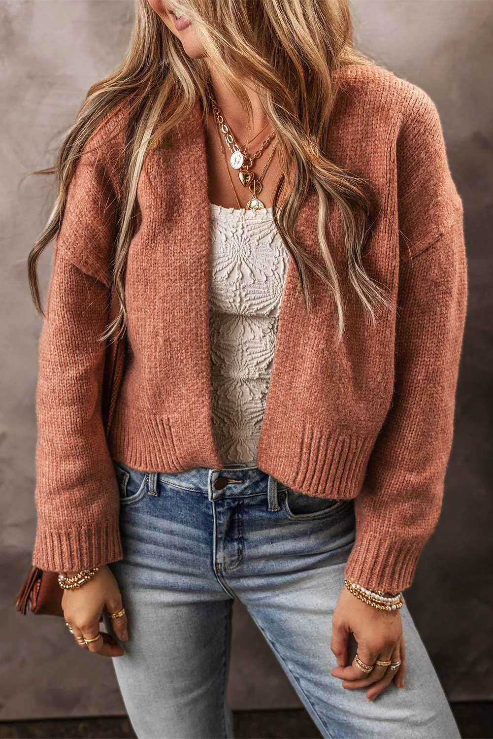 Light French Beige Drop Shoulder Open Front Cropped Cardigan sold by Beagle Boutique product image thumbnail 3