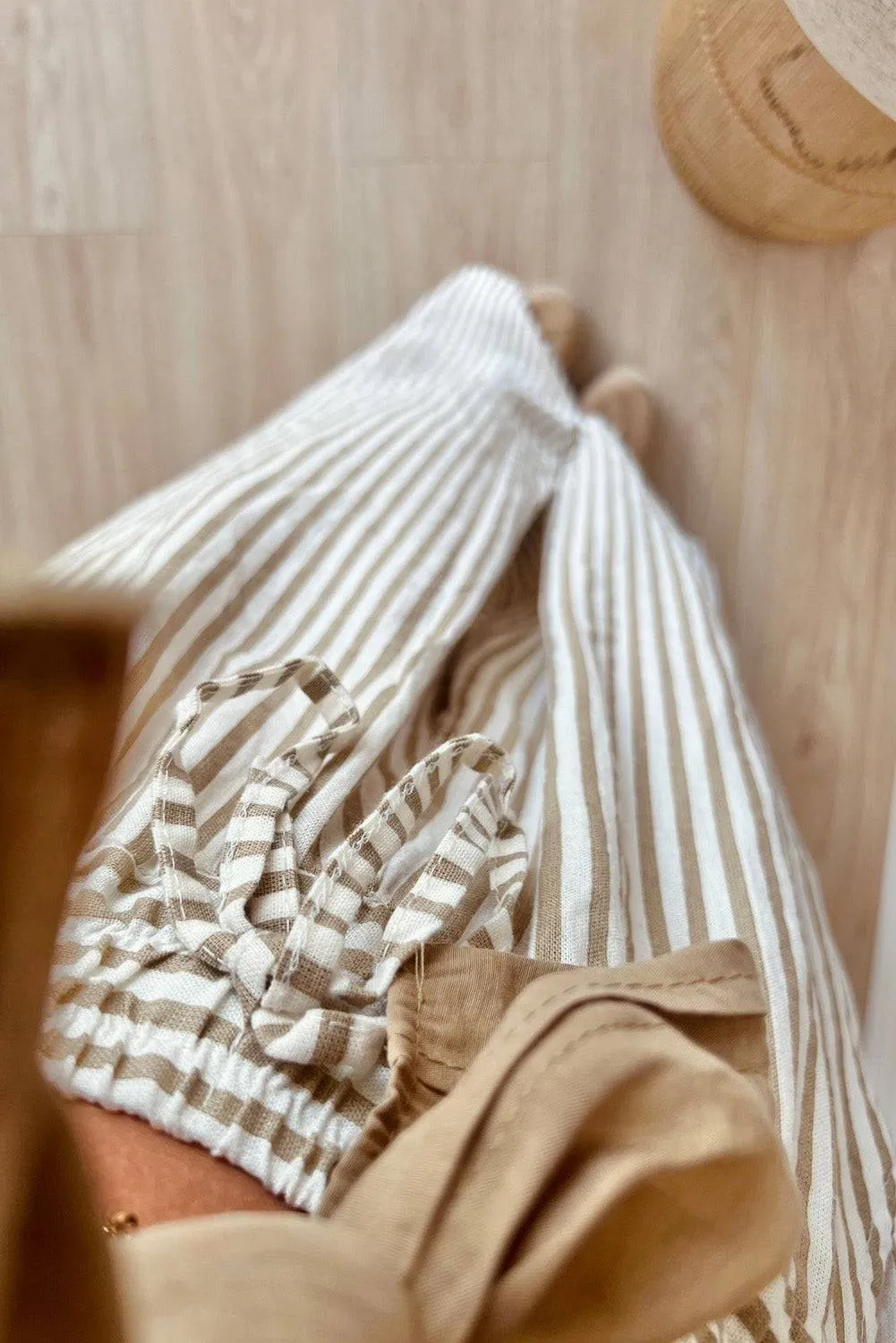 Khaki Stripe Plus Size Drawstring High Waist Wide Leg Trousers sold by Beagle Boutique