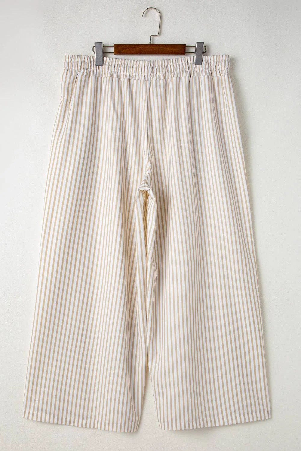Khaki Stripe Plus Size Drawstring High Waist Wide Leg Trousers sold by Beagle Boutique product image thumbnail 3