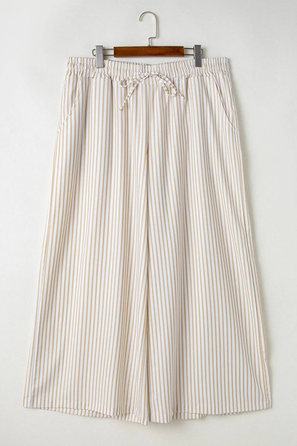 Khaki Stripe Plus Size Drawstring High Waist Wide Leg Trousers sold by Beagle Boutique product image thumbnail 2