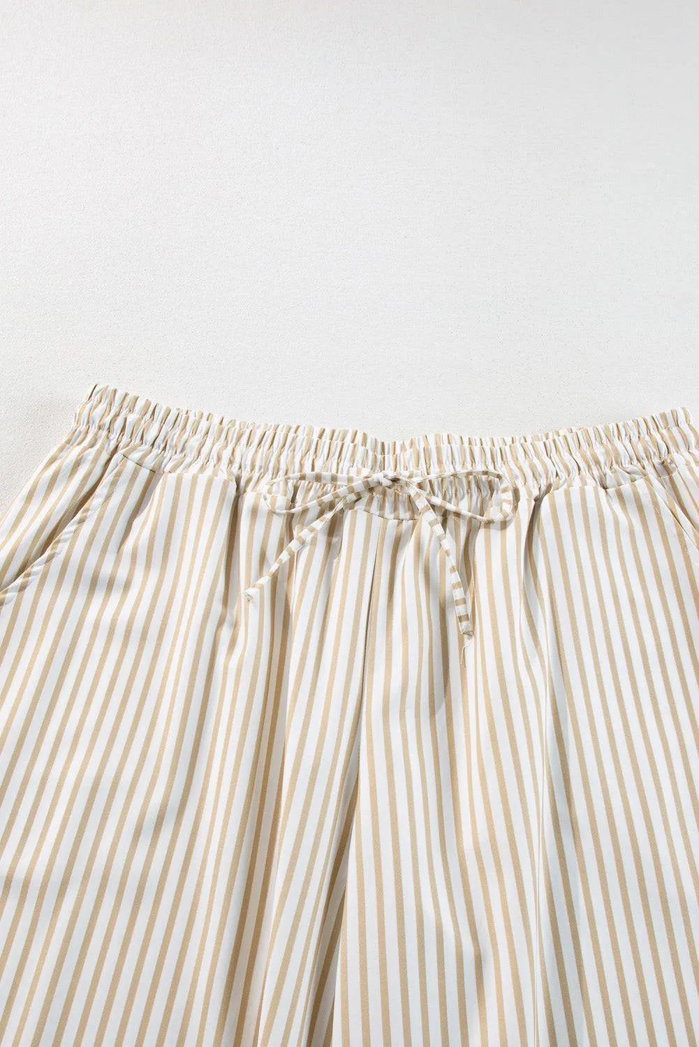 Khaki Stripe Plus Size Drawstring High Waist Wide Leg Trousers sold by Beagle Boutique product image thumbnail 4