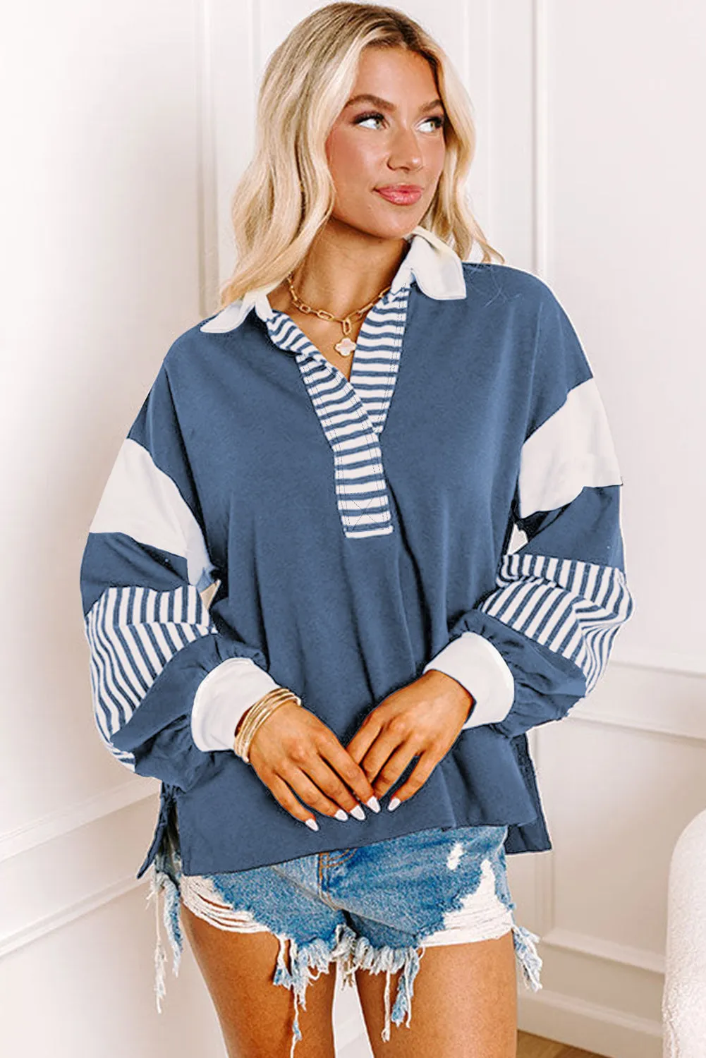 Sail Blue Striped Colorblock Patchwork Collar Sweatshirt sold by Beagle Boutique product image thumbnail 4