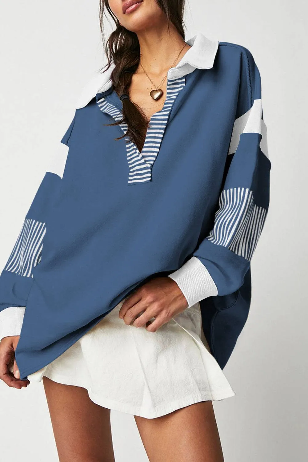 Sail Blue Striped Colorblock Patchwork Collar Sweatshirt sold by Beagle Boutique