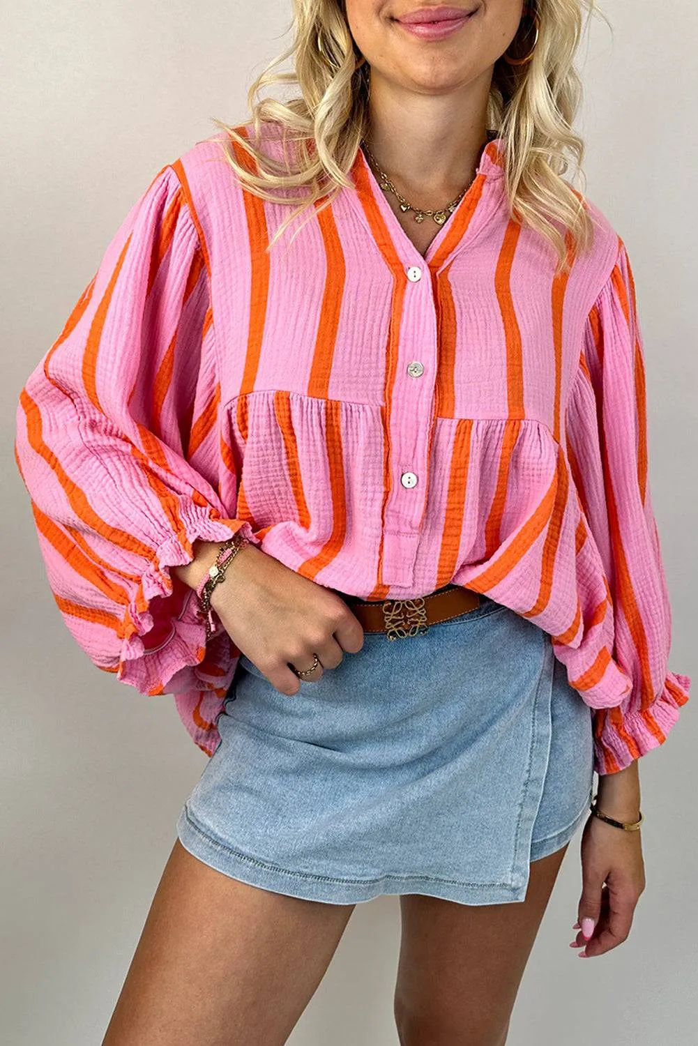 Orange Stripe Crinckled Ruffled Sleeve Button up Loose Shirt sold by Beagle Boutique