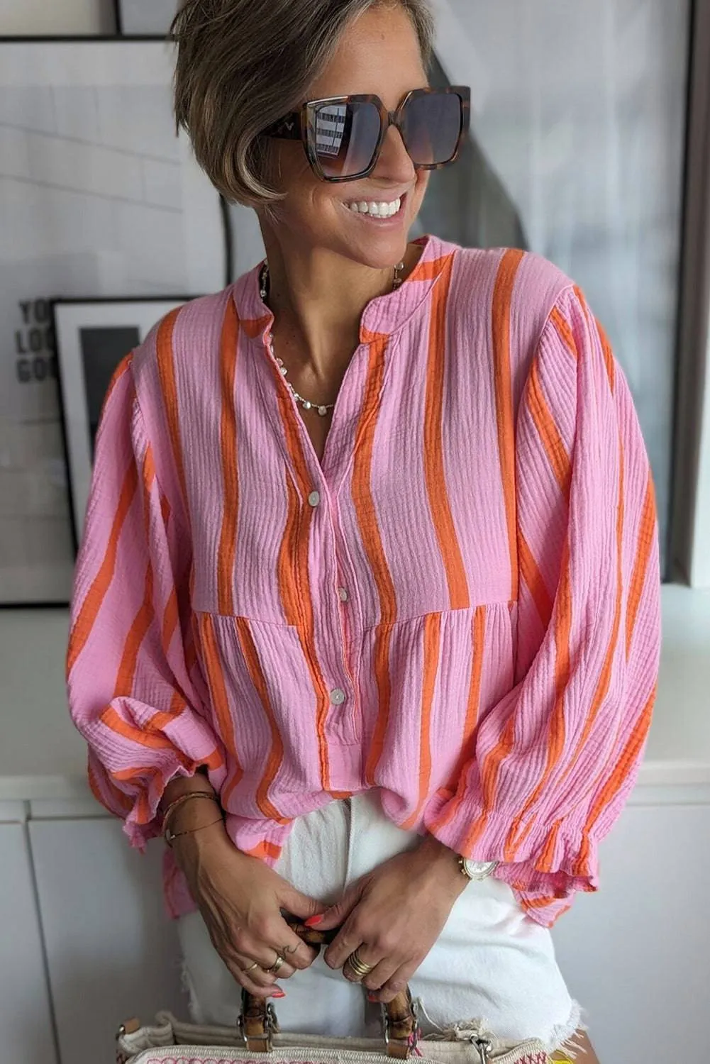 Orange Stripe Crinckled Ruffled Sleeve Button up Loose Shirt sold by Beagle Boutique product image thumbnail 5