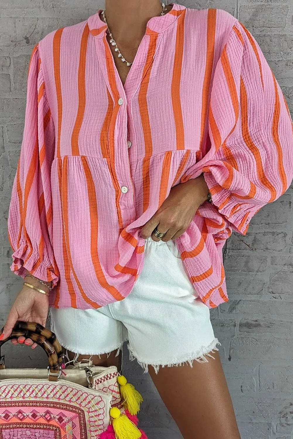 Orange Stripe Crinckled Ruffled Sleeve Button up Loose Shirt sold by Beagle Boutique product image thumbnail 3