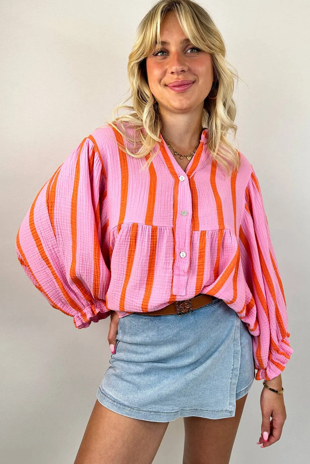 Orange Stripe Crinckled Ruffled Sleeve Button up Loose Shirt sold by Beagle Boutique product image thumbnail 4
