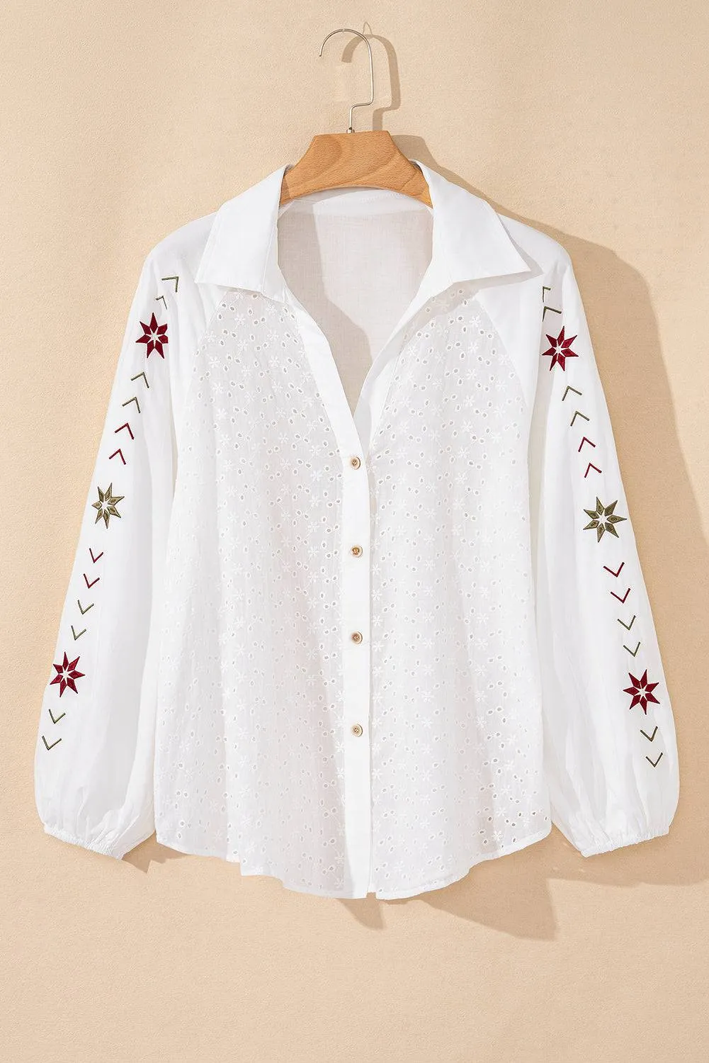 White Floral Embroidered Puff Sleeve Eyelet Patchwork Shirt sold by Beagle Boutique product image thumbnail 5