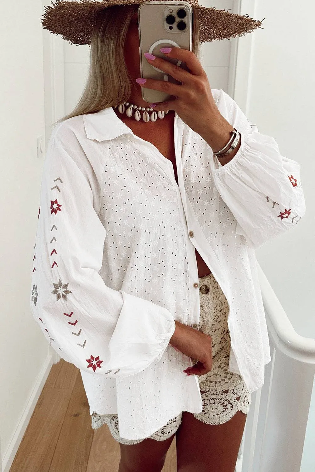 White Floral Embroidered Puff Sleeve Eyelet Patchwork Shirt sold by Beagle Boutique product image thumbnail 4