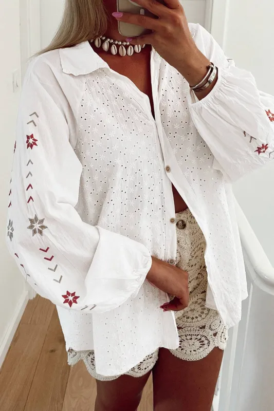 White Floral Embroidered Puff Sleeve Eyelet Patchwork Shirt sold by Beagle Boutique