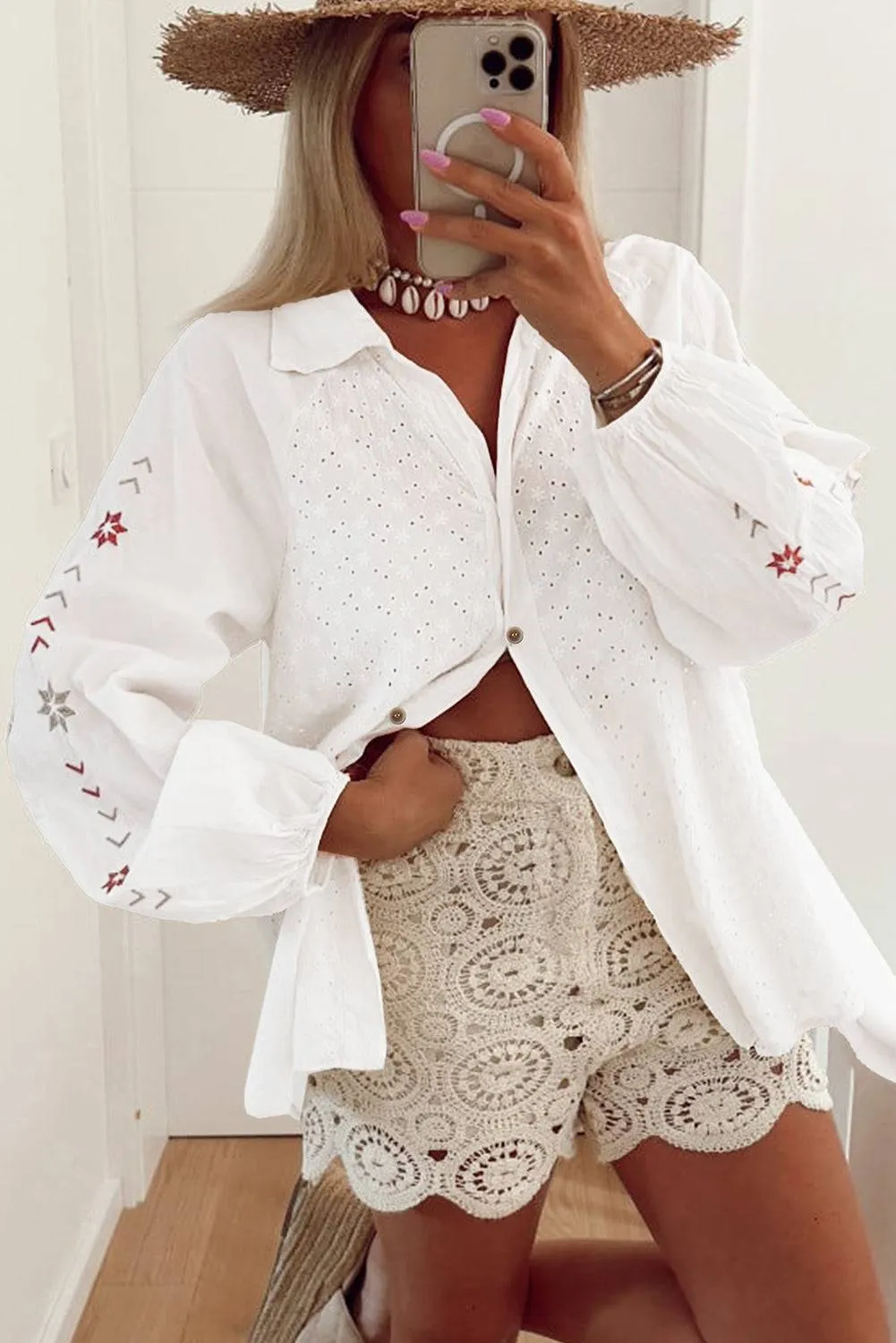 White Floral Embroidered Puff Sleeve Eyelet Patchwork Shirt sold by Beagle Boutique product image thumbnail 2