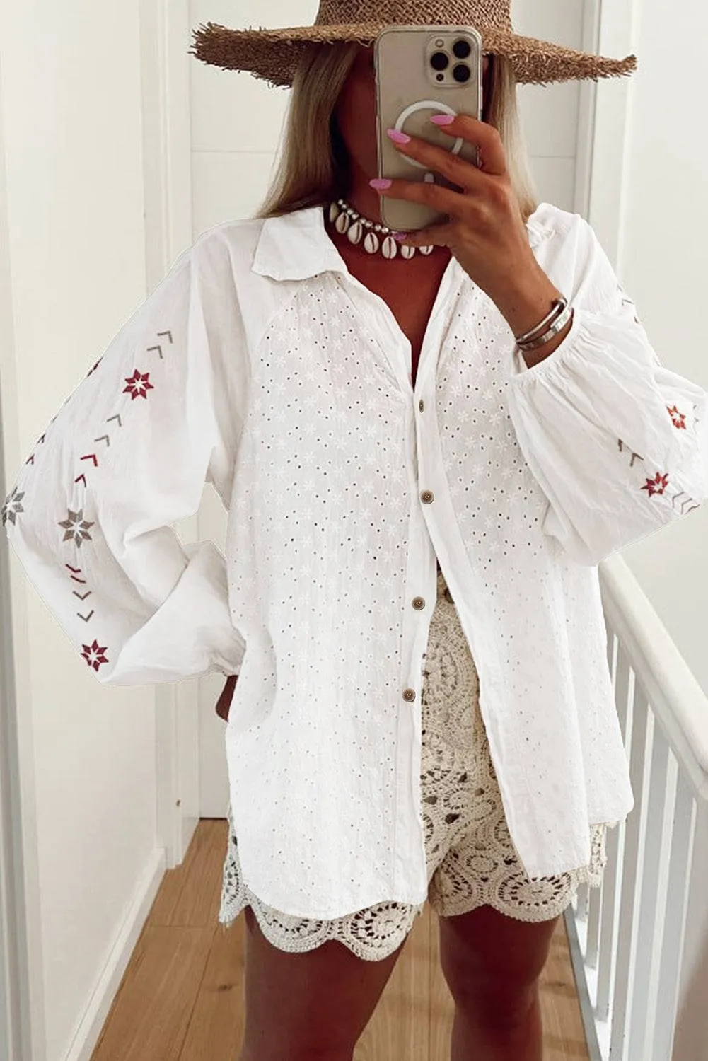 White Floral Embroidered Puff Sleeve Eyelet Patchwork Shirt sold by Beagle Boutique product image thumbnail 3