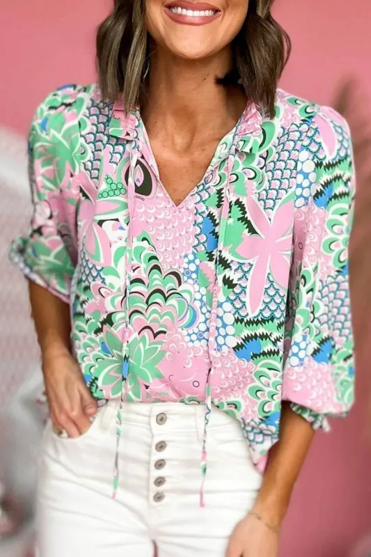 Green Floral Print V Neck Tied Loose Blouse sold by Beagle Boutique