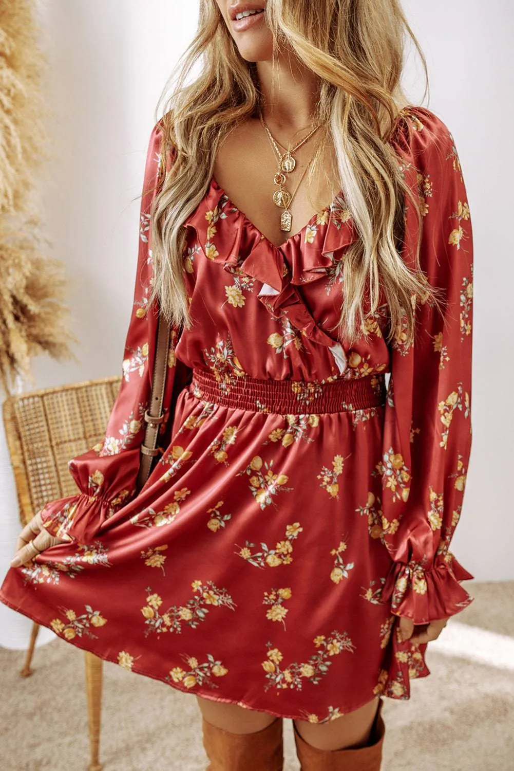 Red Clay Floral Print Shirred Waist Ruffled Trim V Neck Mini Dress sold by Beagle Boutique product image thumbnail 4