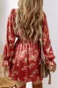 Red Clay Floral Print Shirred Waist Ruffled Trim V Neck Mini Dress sold by Beagle Boutique