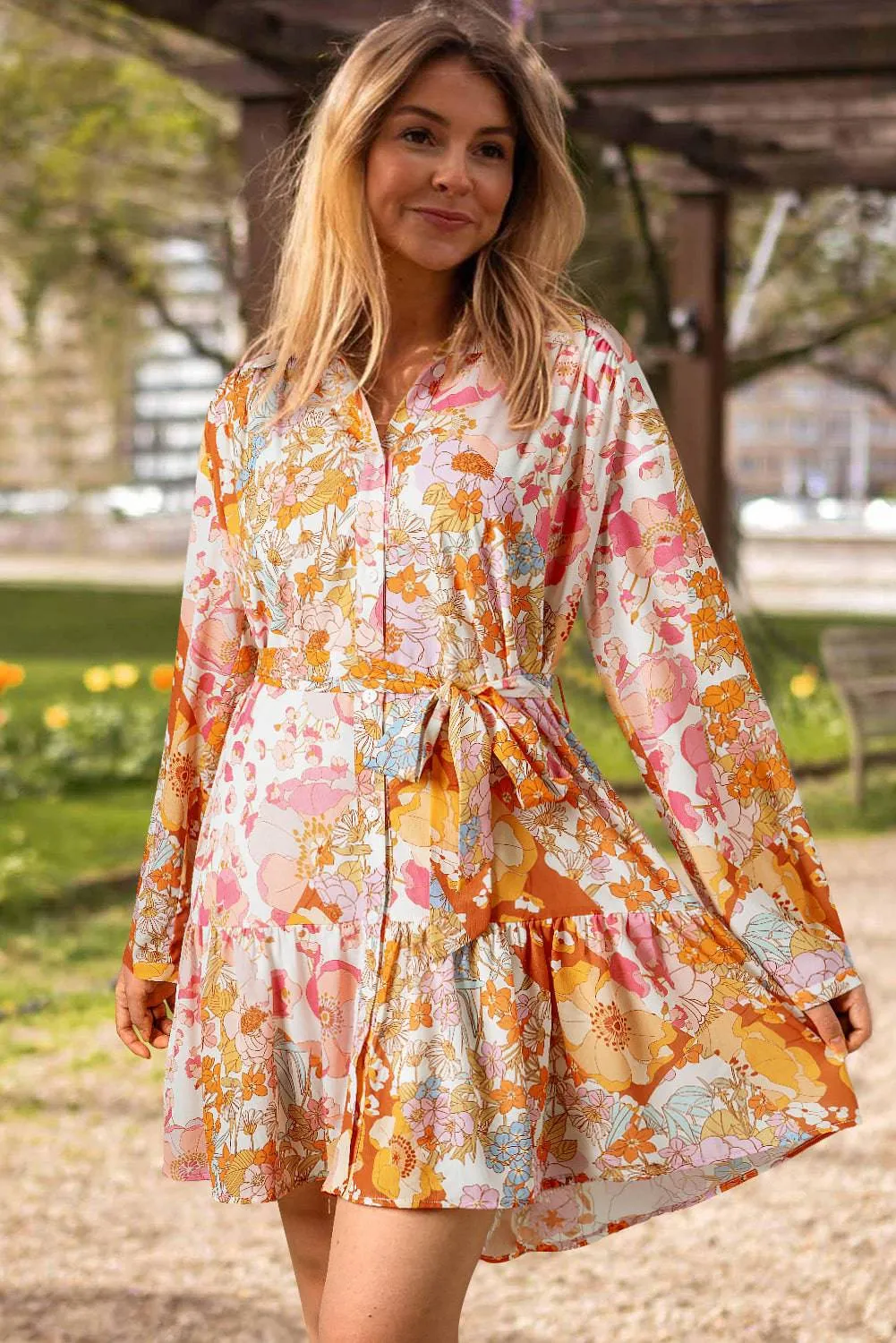 Yellow Ruffled Buttoned Knotted High Waist Floral Mini Dress sold by Beagle Boutique product image thumbnail 3