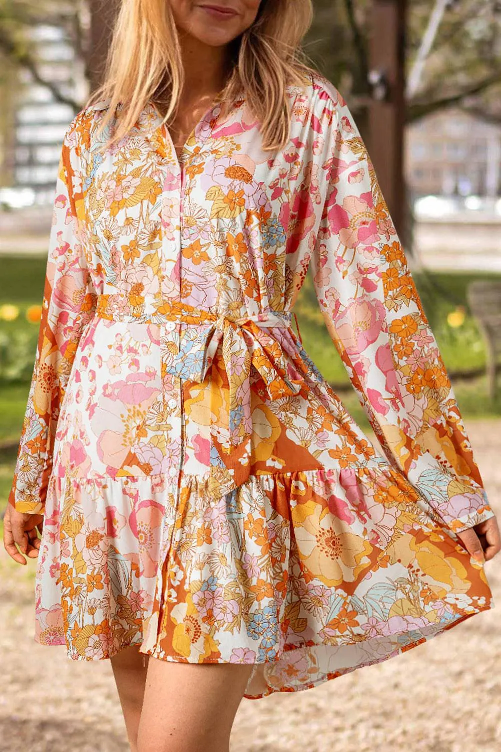 Yellow Ruffled Buttoned Knotted High Waist Floral Mini Dress sold by Beagle Boutique
