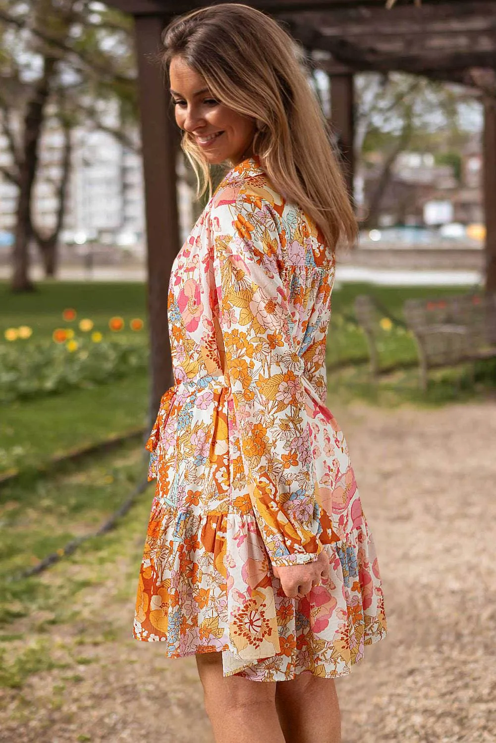 Yellow Ruffled Buttoned Knotted High Waist Floral Mini Dress sold by Beagle Boutique product image thumbnail 2