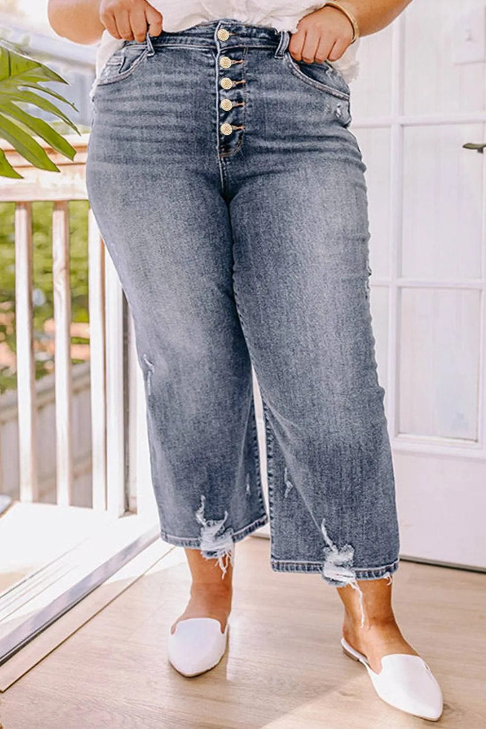 Medium Grey Plus Size Button Fly High Waist Ripped Straight Leg Jeans sold by Beagle Boutique
