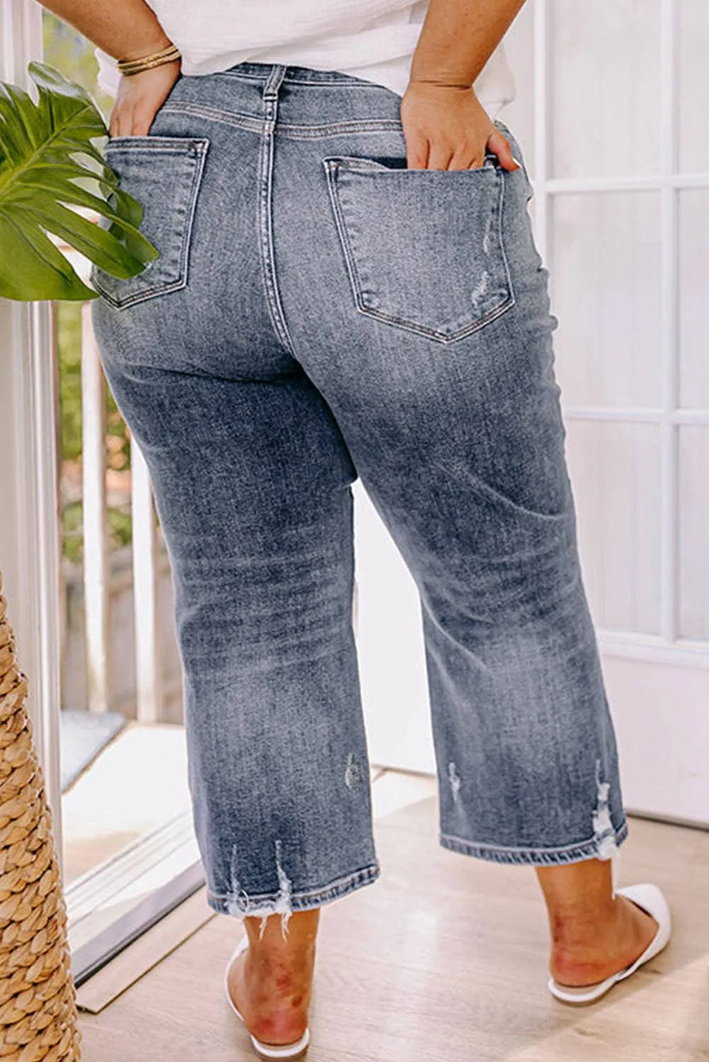Medium Grey Plus Size Button Fly High Waist Ripped Straight Leg Jeans sold by Beagle Boutique product image thumbnail 2