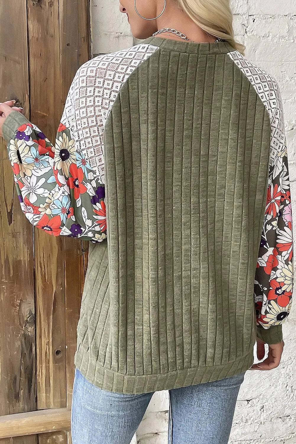 Vineyard Green Plus Size Textured Floral Patchwork Raglan Sleeve Blouse sold by Beagle Boutique product image thumbnail 4