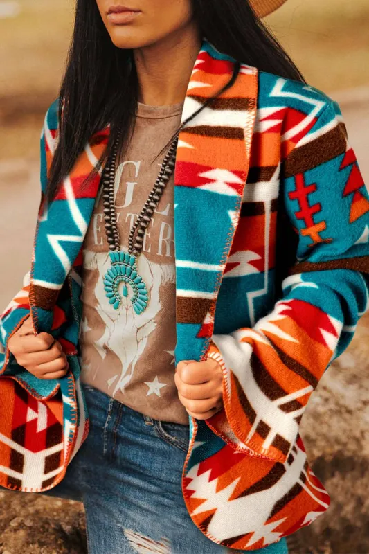 Sky Blue Aztec Printed Lapel Bell Sleeve Jacket sold by Beagle Boutique