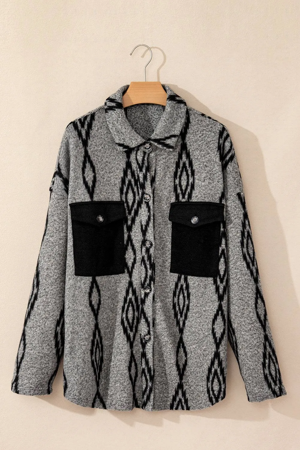 Grey Aztec Contrast Chest Pockets Loose Shacket sold by Beagle Boutique product image thumbnail 4