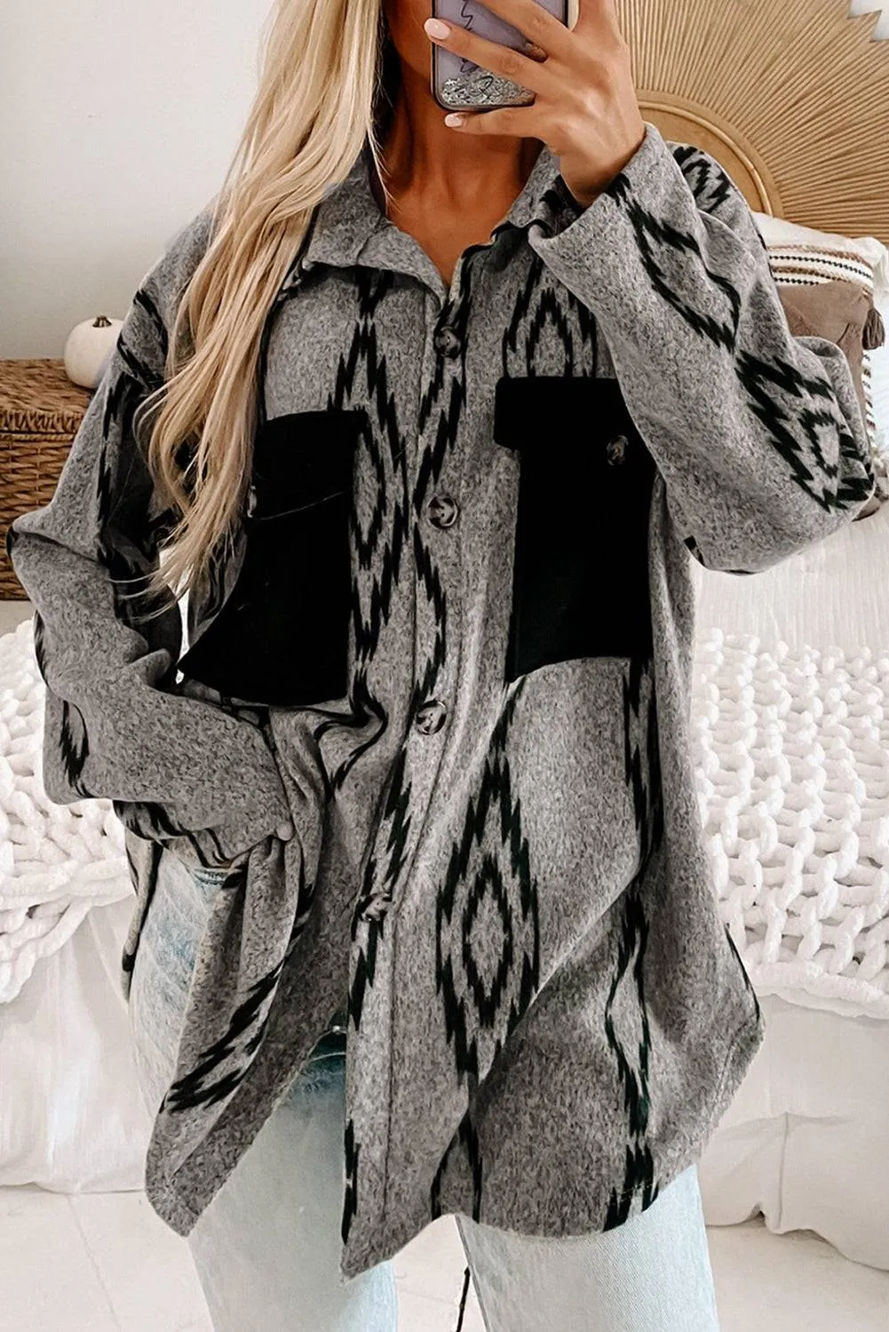 Grey Aztec Contrast Chest Pockets Loose Shacket sold by Beagle Boutique