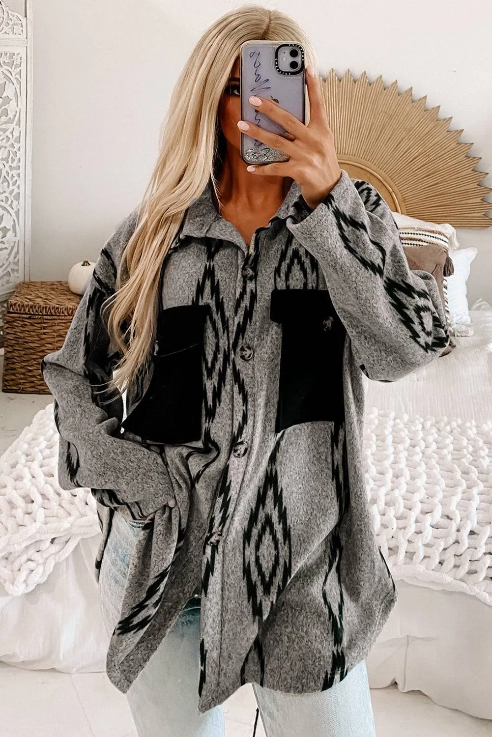 Grey Aztec Contrast Chest Pockets Loose Shacket sold by Beagle Boutique product image thumbnail 3