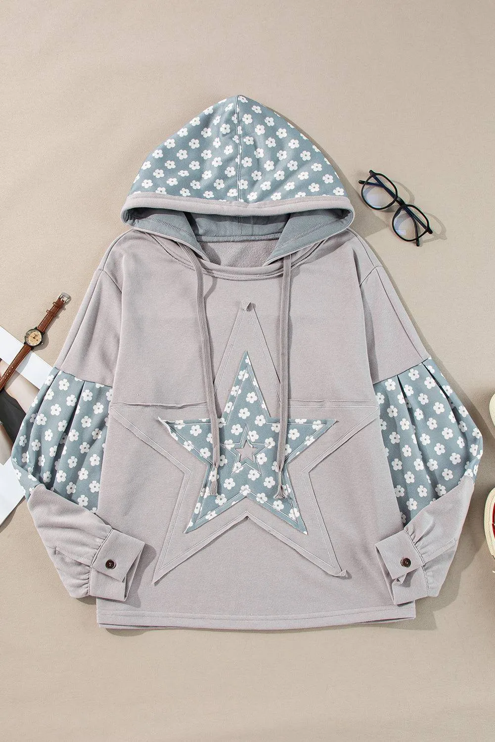 Beau Blue Floral Patchwork Star Pattern Drawstring Hoodie sold by Beagle Boutique product image thumbnail 4