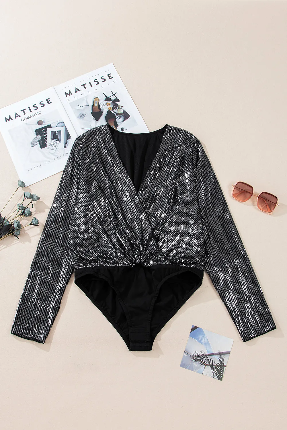 Black Sequin Mesh Long Sleeve Surplice Neck Bodysuit sold by Beagle Boutique product image thumbnail 5