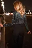 Black Sequin Mesh Long Sleeve Surplice Neck Bodysuit sold by Beagle Boutique