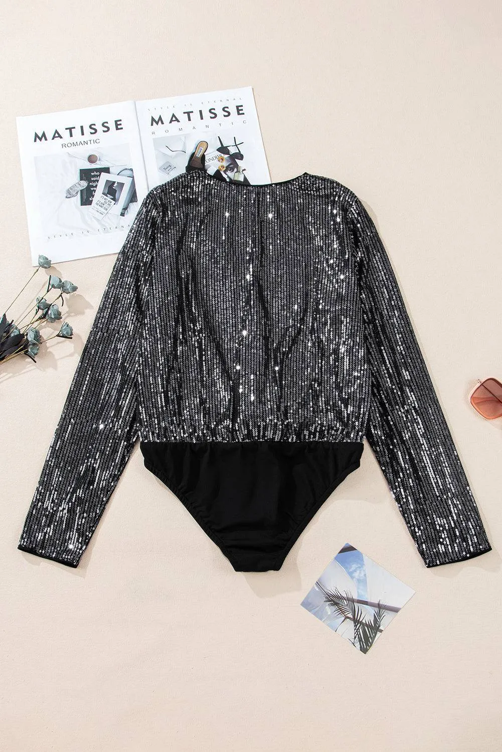 Black Sequin Mesh Long Sleeve Surplice Neck Bodysuit sold by Beagle Boutique product image thumbnail 4