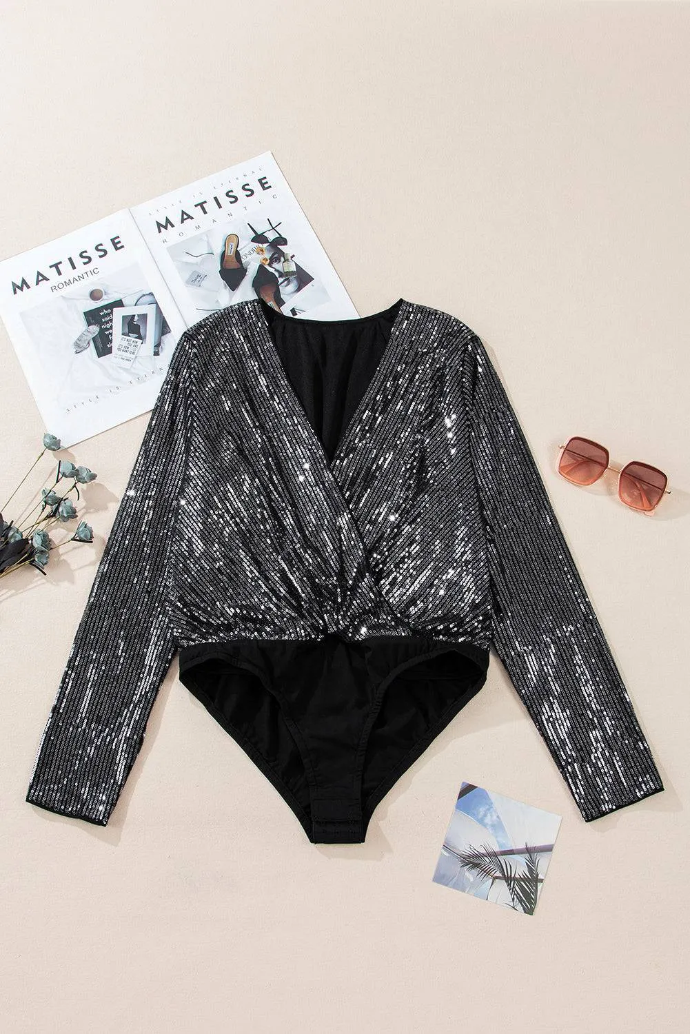 Black Sequin Mesh Long Sleeve Surplice Neck Bodysuit sold by Beagle Boutique product image thumbnail 2