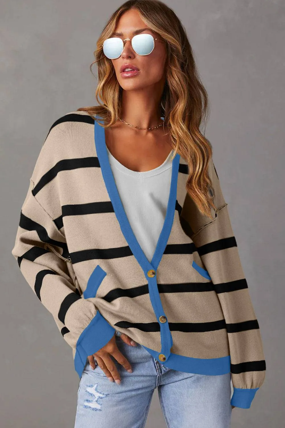 White Colorblock Drop Shoulder Buttoned Loose Cardigan sold by Beagle Boutique