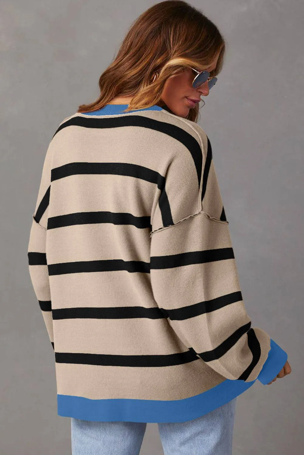 White Colorblock Drop Shoulder Buttoned Loose Cardigan sold by Beagle Boutique product image thumbnail 2