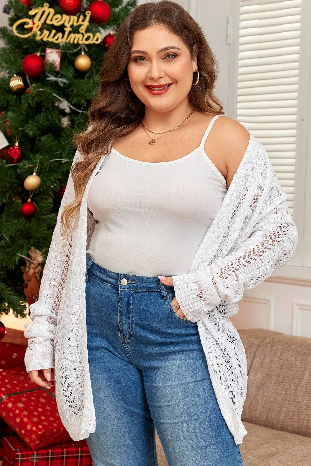 White Plus Size Eyelet Knit Open Front Cardigan sold by Beagle Boutique product image thumbnail 4