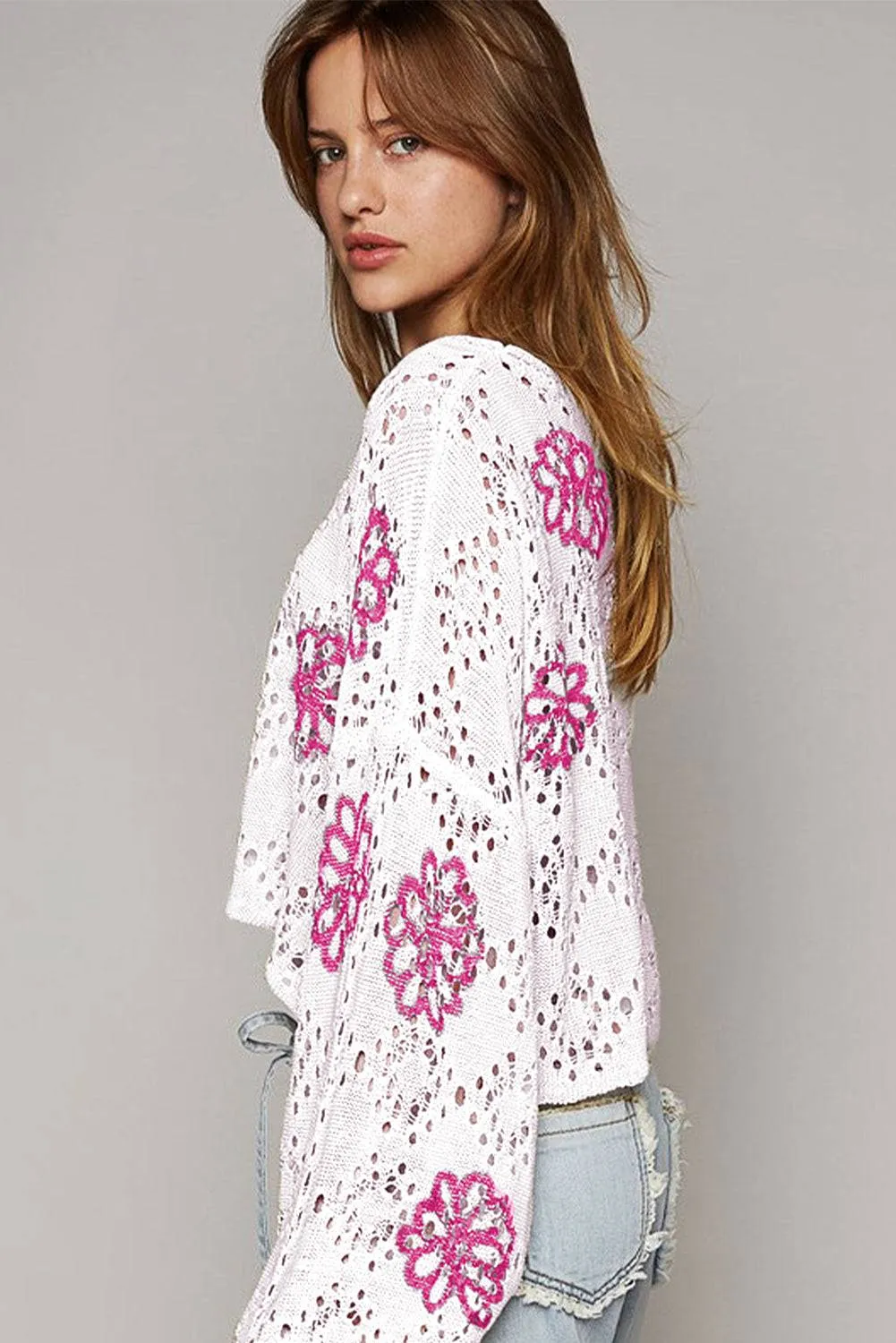 White Contrast Flower Print Eyelet Drop Shoulder Sweater sold by Beagle Boutique product image thumbnail 3