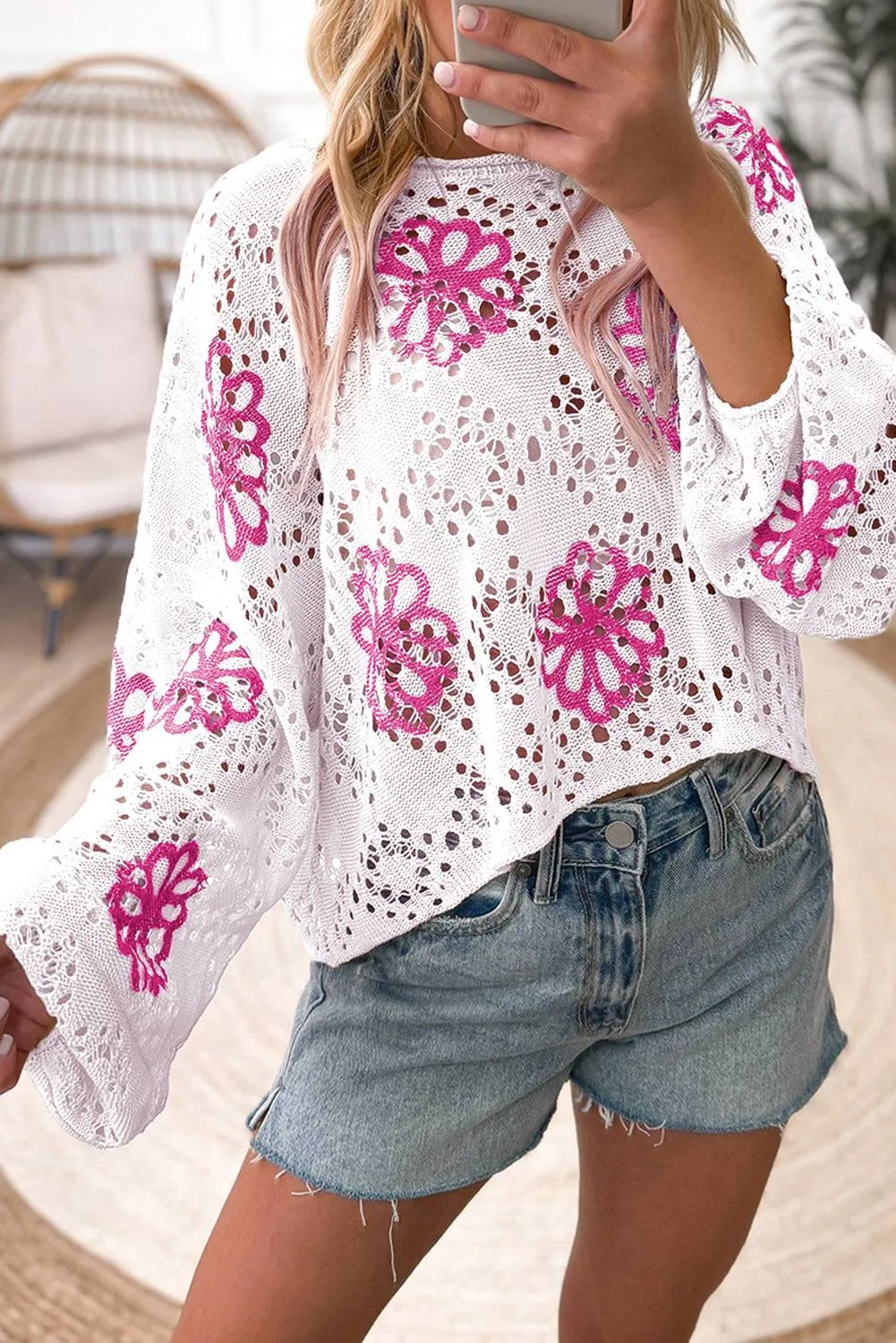 White Contrast Flower Print Eyelet Drop Shoulder Sweater sold by Beagle Boutique