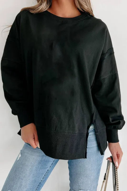 Black Exposed Seam Drop Shoulder Round Neck Sweatshirt with Slits sold by Beagle Boutique
