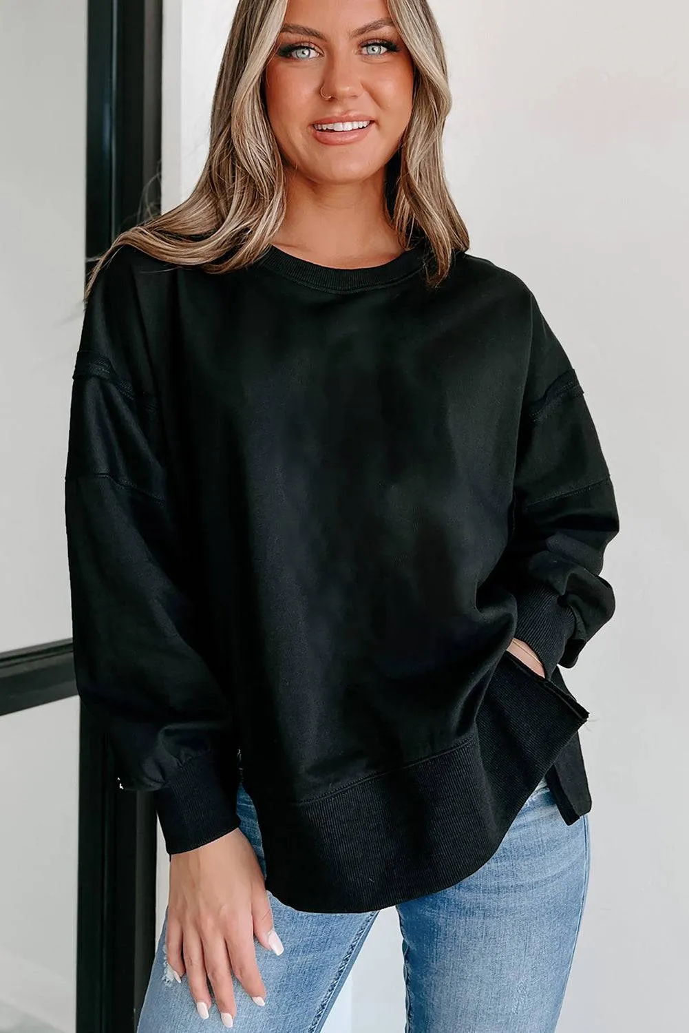 Black Exposed Seam Drop Shoulder Round Neck Sweatshirt with Slits sold by Beagle Boutique product image thumbnail 3