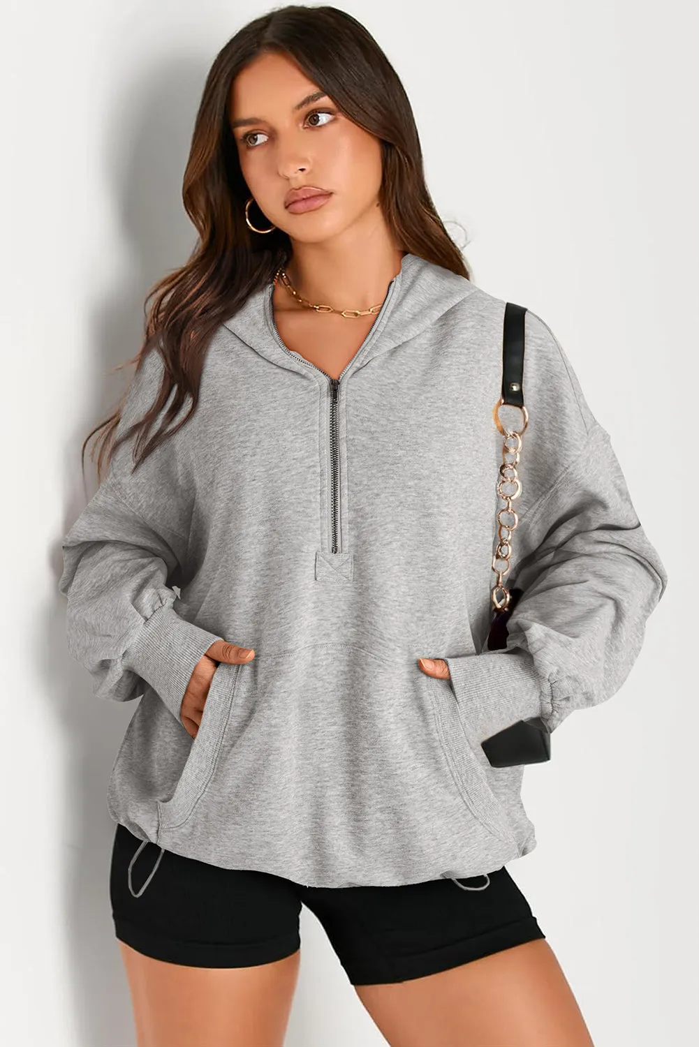 Light Grey Solid Kangaroo Pocket Half Zipper Oversized Hoodie sold by Beagle Boutique product image thumbnail 4