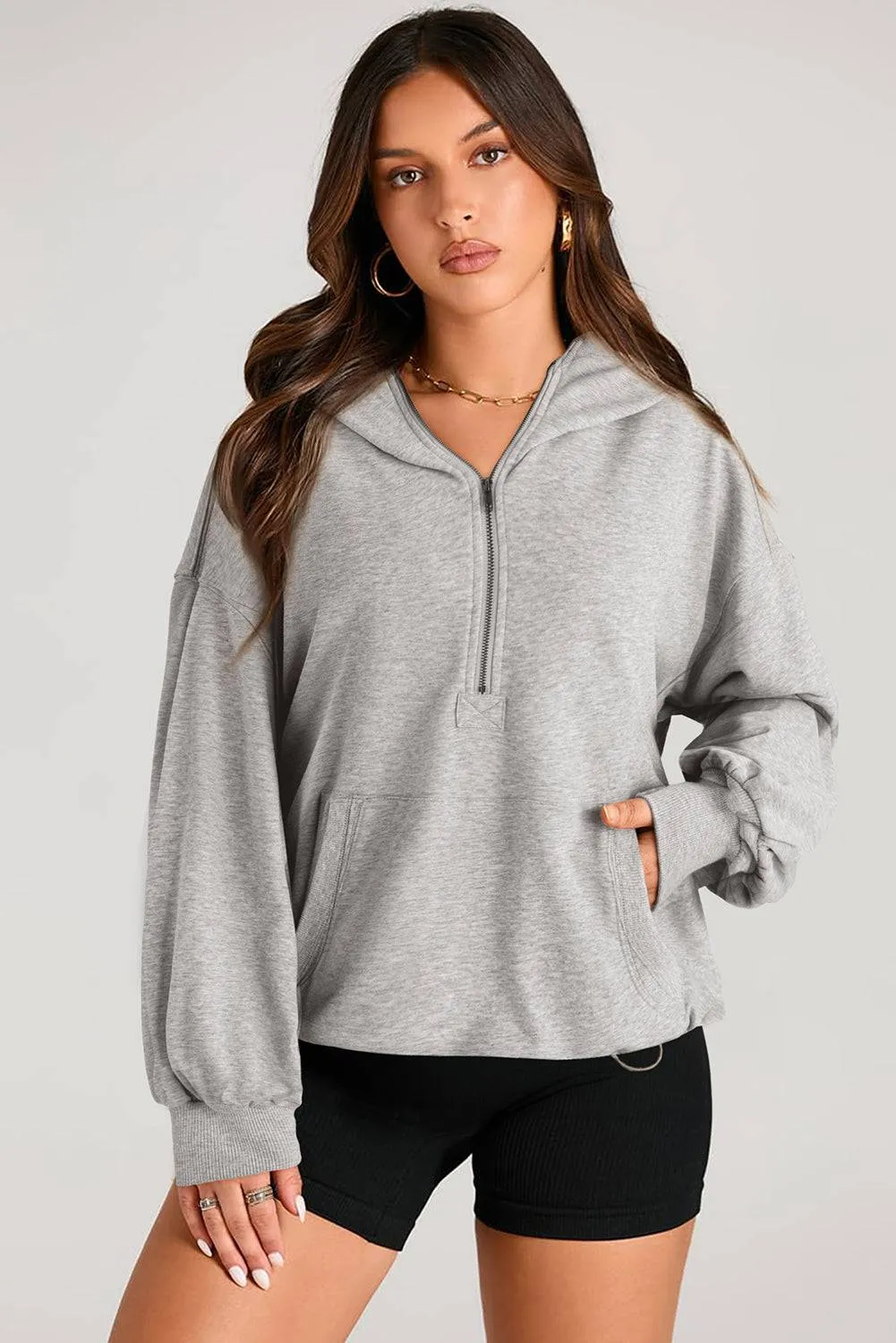 Light Grey Solid Kangaroo Pocket Half Zipper Oversized Hoodie sold by Beagle Boutique product image thumbnail 3