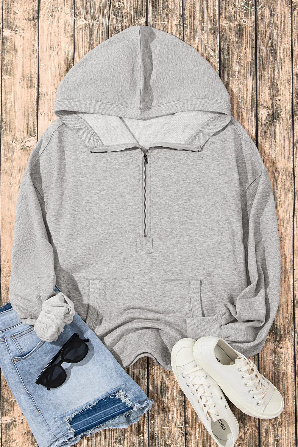 Light Grey Solid Kangaroo Pocket Half Zipper Oversized Hoodie sold by Beagle Boutique product image thumbnail 5