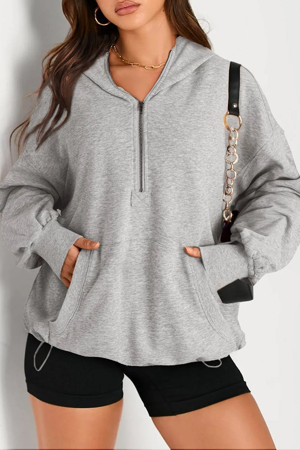 Light Grey Solid Kangaroo Pocket Half Zipper Oversized Hoodie sold by Beagle Boutique