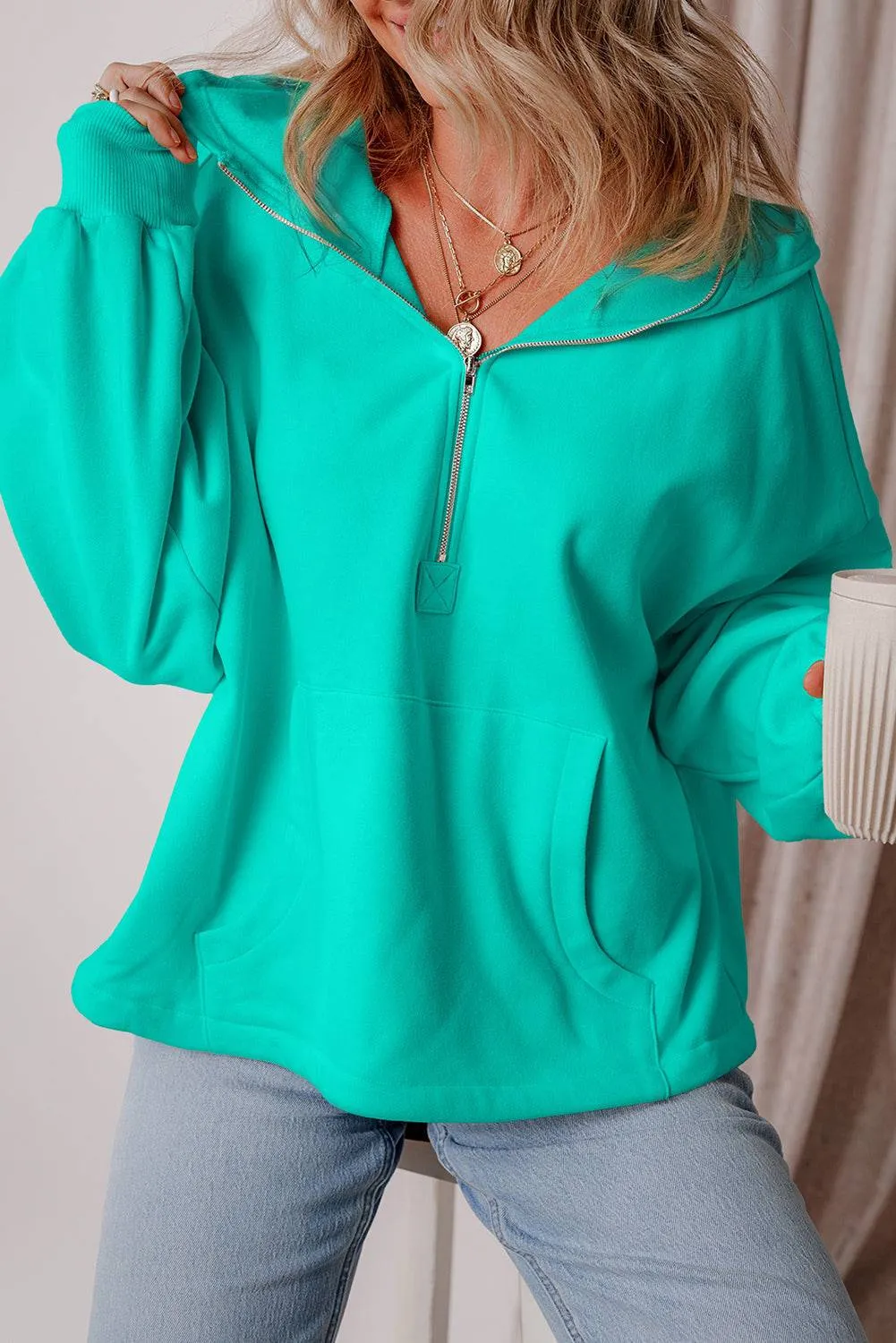 Aruba Blue Fleece Lined Half Zipper Kangaroo Pockets Loose Hoodie sold by Beagle Boutique product image thumbnail 5