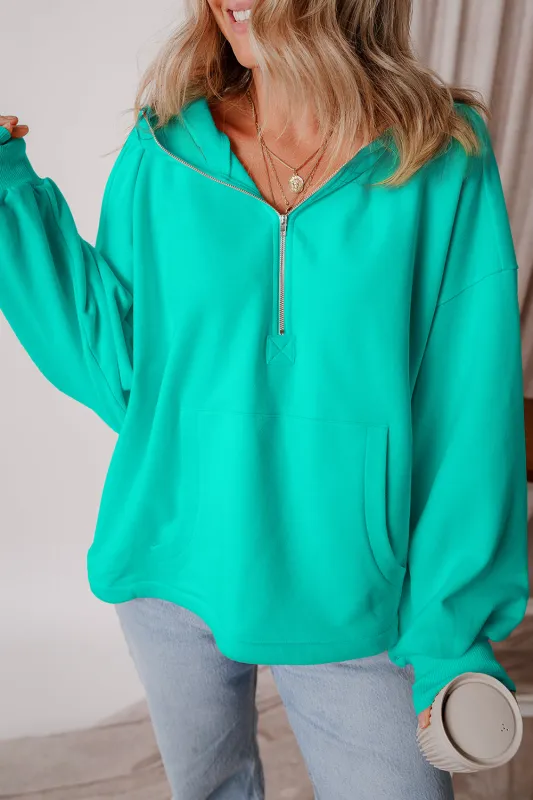 Aruba Blue Fleece Lined Half Zipper Kangaroo Pockets Loose Hoodie sold by Beagle Boutique