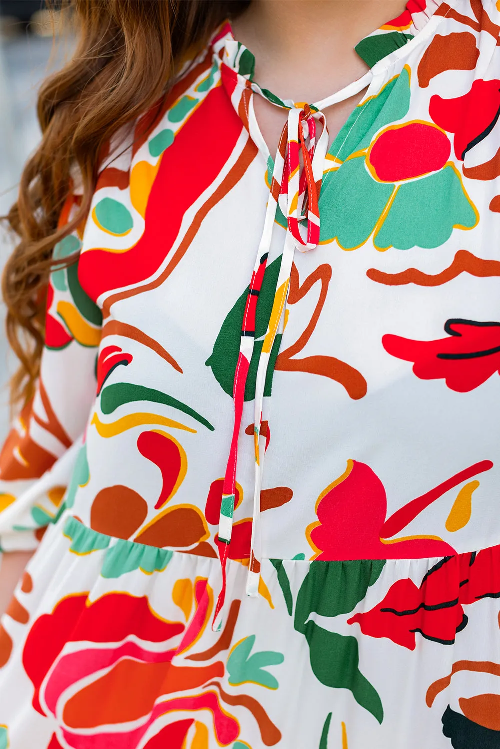 Orange Floral Print Drawstring V Neck Tiered Plus Size Dress sold by Beagle Boutique product image thumbnail 2